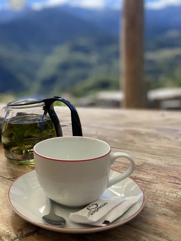 Herbal mountain tea in a glass pot on a wooden terrace table